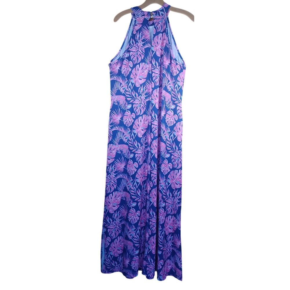 Simply Southern Tropical Palm Leaf Halter Maxi Dress Blue Pink Resort Beach L - Picture 3 of 9
